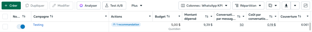 Media Buying Meta Ads : Comment J'ai Investi 2000$ pour un Client (Étude de Cas) Tableau de bord media buying Meta Ads montrant un budget publicitaire de 2000 dollars investi pour un client cosmétique