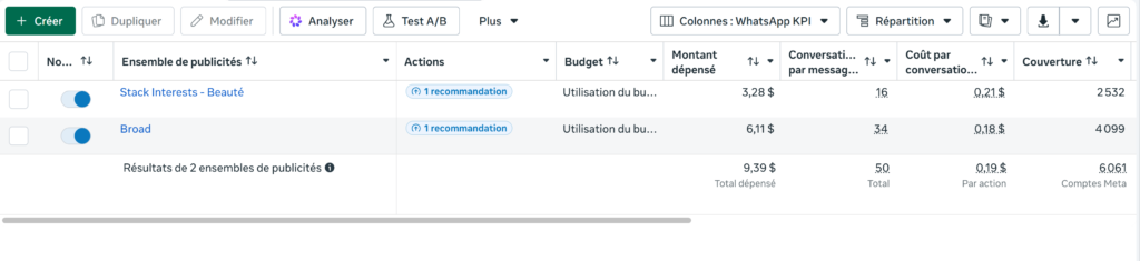 Media Buying Meta Ads : Comment J'ai Investi 2000$ pour un Client (Étude de Cas) Tableau de bord media buying Meta Ads montrant un budget publicitaire de 2000 dollars investi pour un client cosmétique