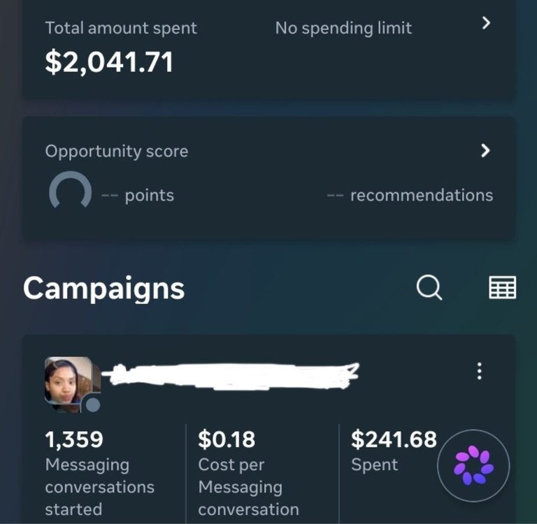 Tableau de bord media buying Meta Ads montrant un budget publicitaire de 2000 dollars investi pour un client cosmétique