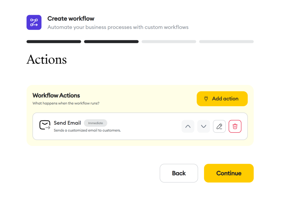 Workflow Chariow : tableau de bord d'automatisation avec les workflows vente réussie, vente échouée et vente abandonnée