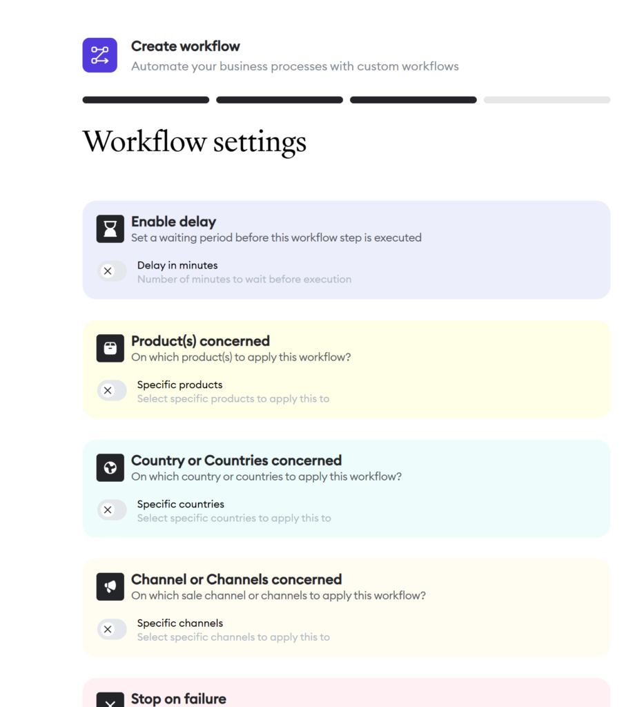 Workflow Chariow : tableau de bord d'automatisation avec les workflows vente réussie, vente échouée et vente abandonnée